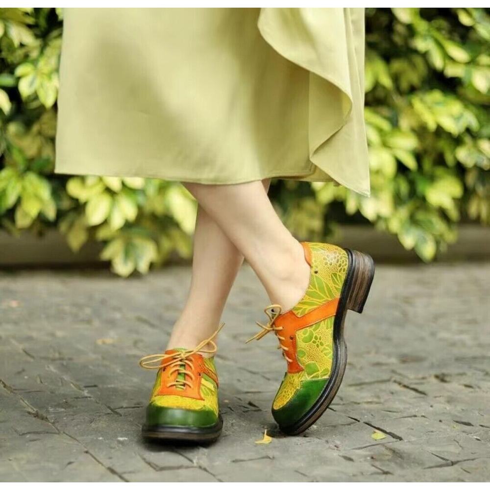 BOHO Hand Printed Hippie Art Colorful Leather Vintage Style Oxford Shoes 5/6 36